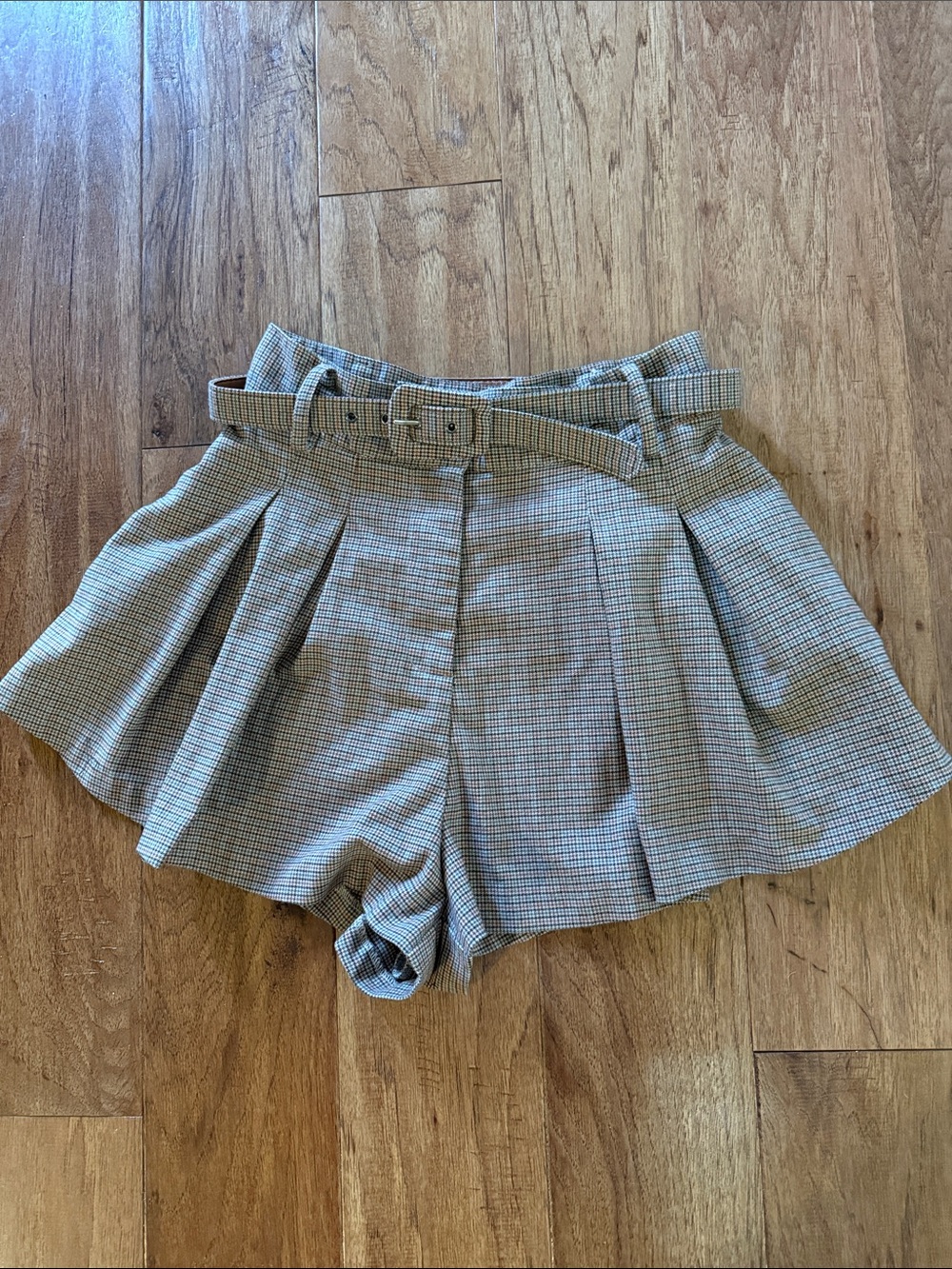 Free People Plaid High-Waist Belted Shorts in Gray-Taupe